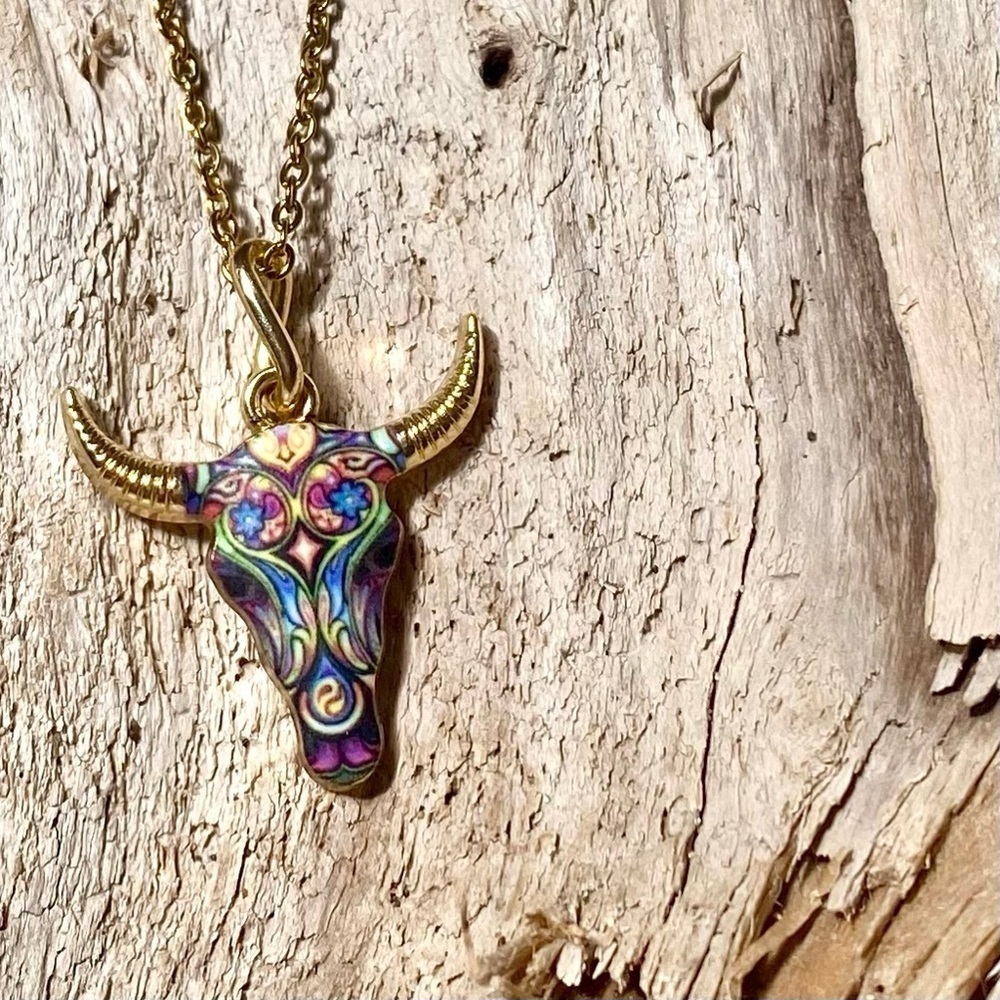 Horn/floral skull candy boho rustic gold necklace southwestern equestrian vibe